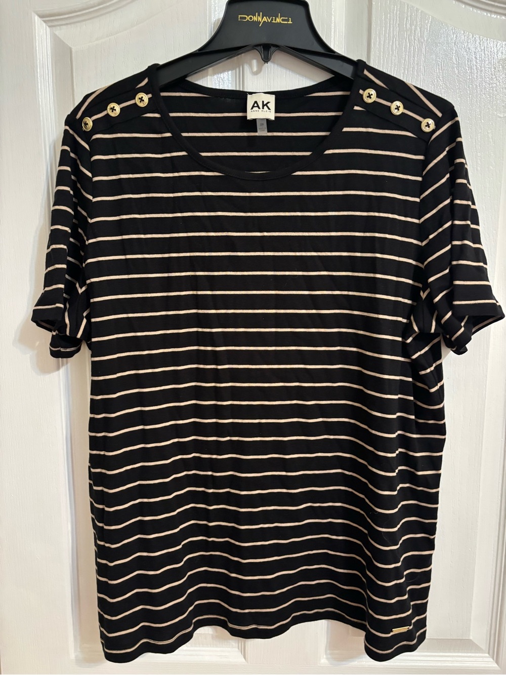Black & Cream Striped Short Sleeve Top with Button Detail
